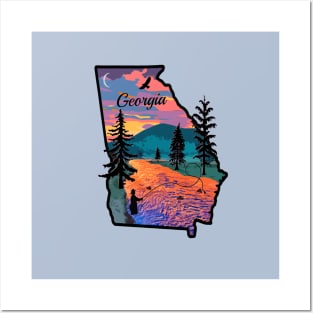 Fly Fishing Georgia State Map Mountain Sunset River Retro Posters and Art